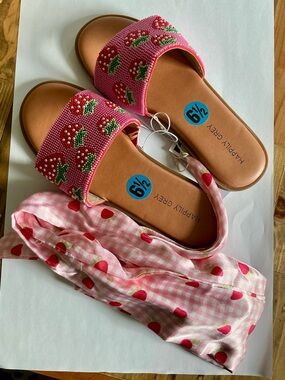 Happily Grey Pink Beaded Strawberry Sandals with matching head scarf